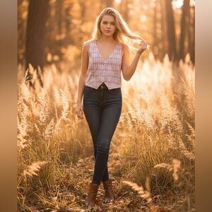 Upcycled Boots Scootin’ Boogie Plaid Lavender Vest with Gold Hardware